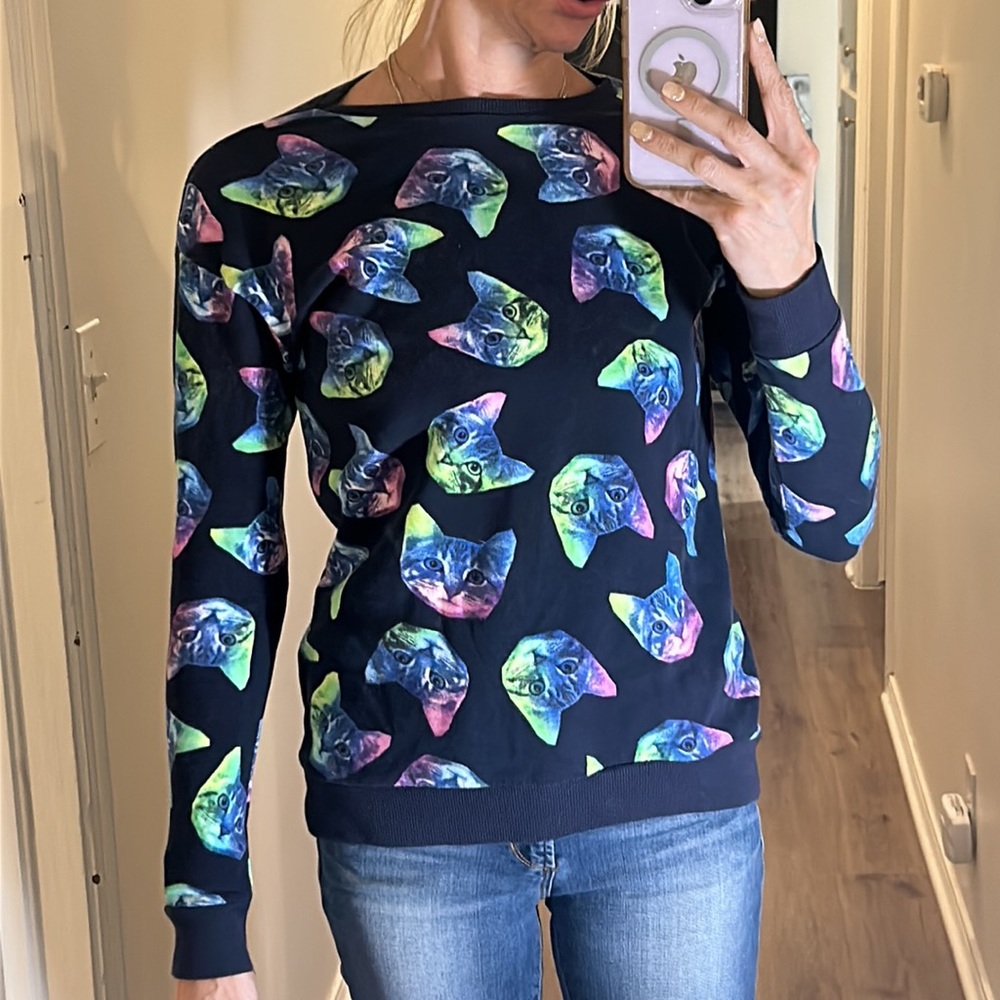 H&M Neon Crazy Cat Pattern all over navy based Sweatshirt. Sz XS